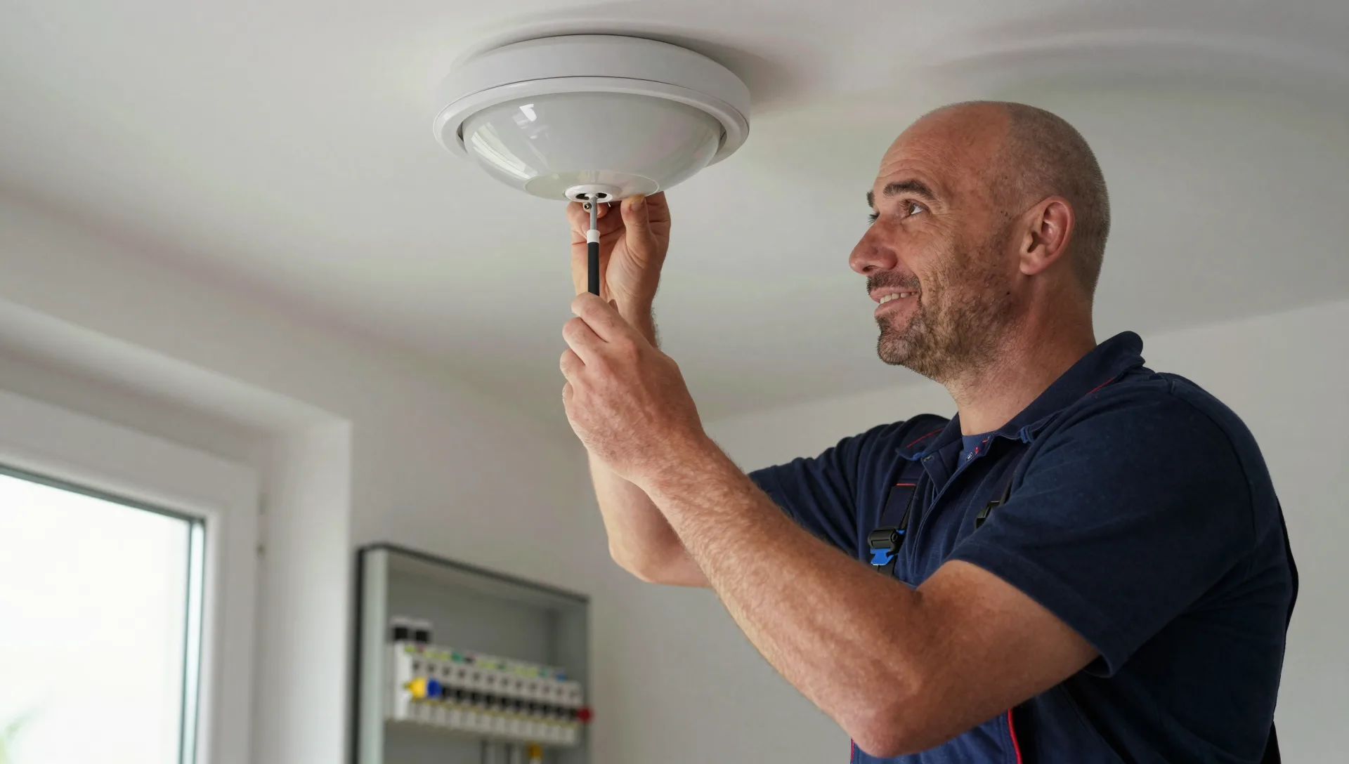 Elektrofachkraft repariert eine Deckenleuchte in einem Altbau