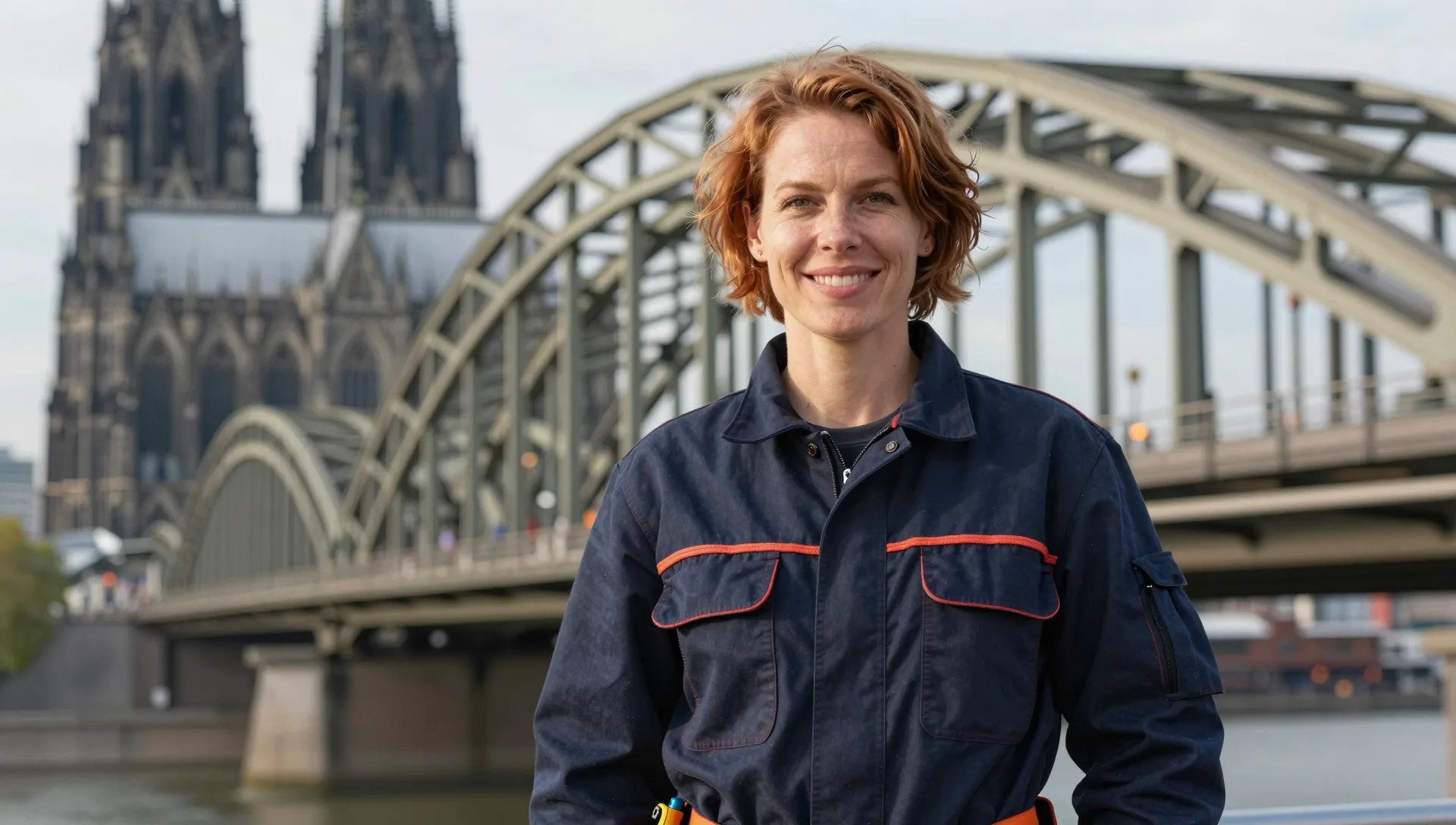 Elektrofachkraft vor der Hohenzollernbrücke in der Kölner Innenstadt