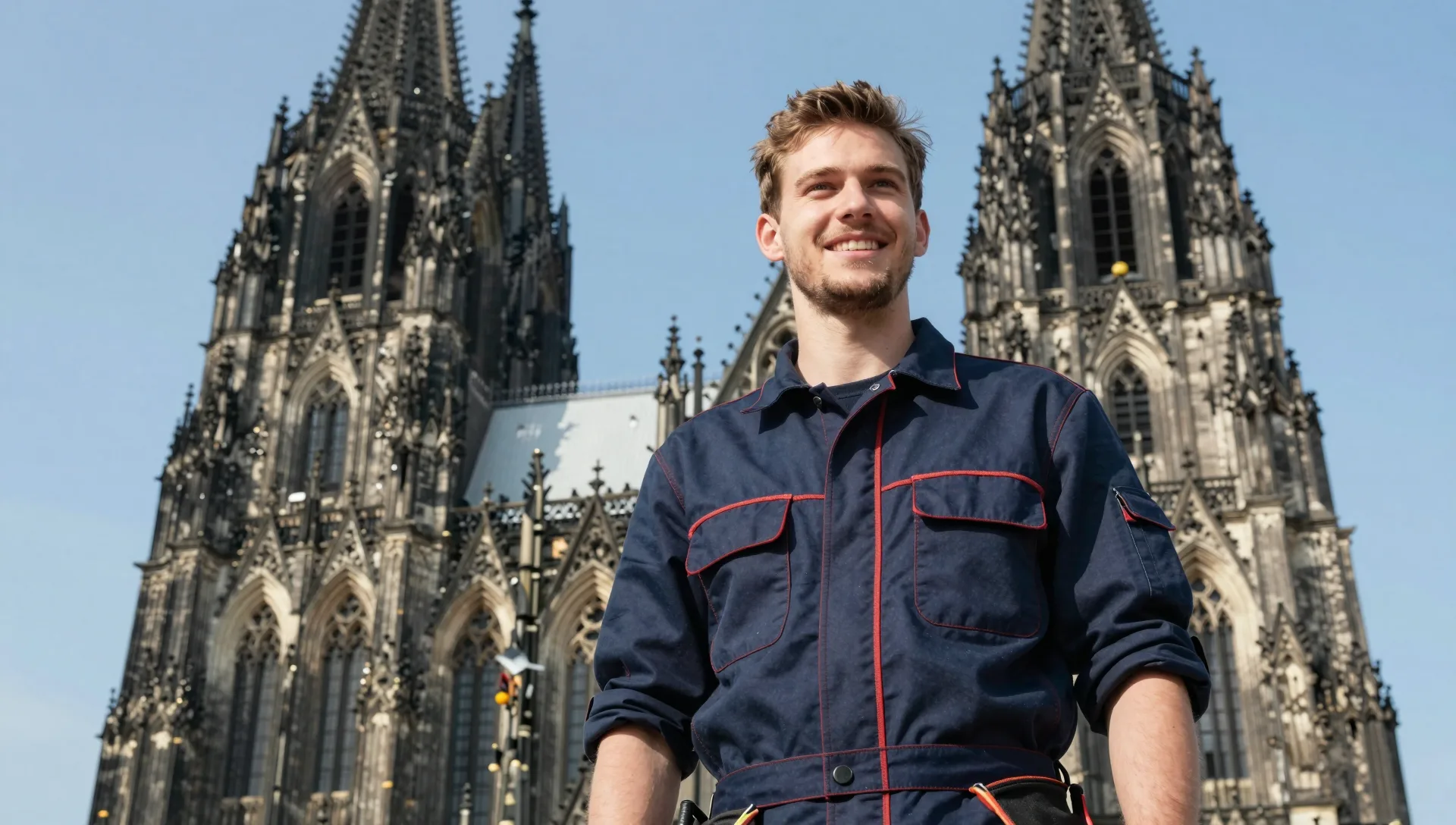 Elektrofachkraft mit Werkzeuggürtel vor dem Kölner Dom
