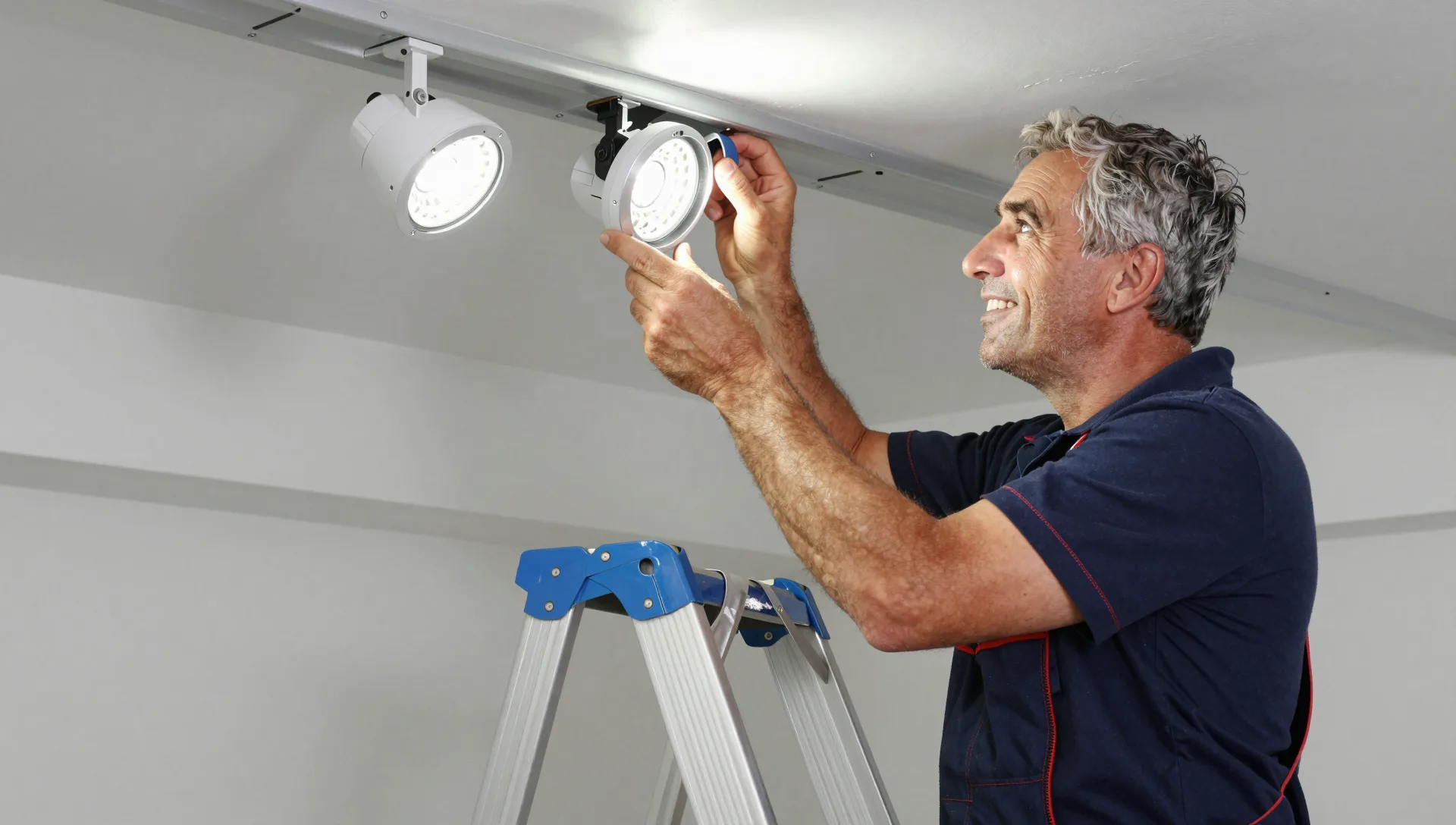 Elektrofachkraft montiert LED-Spots an der Decke