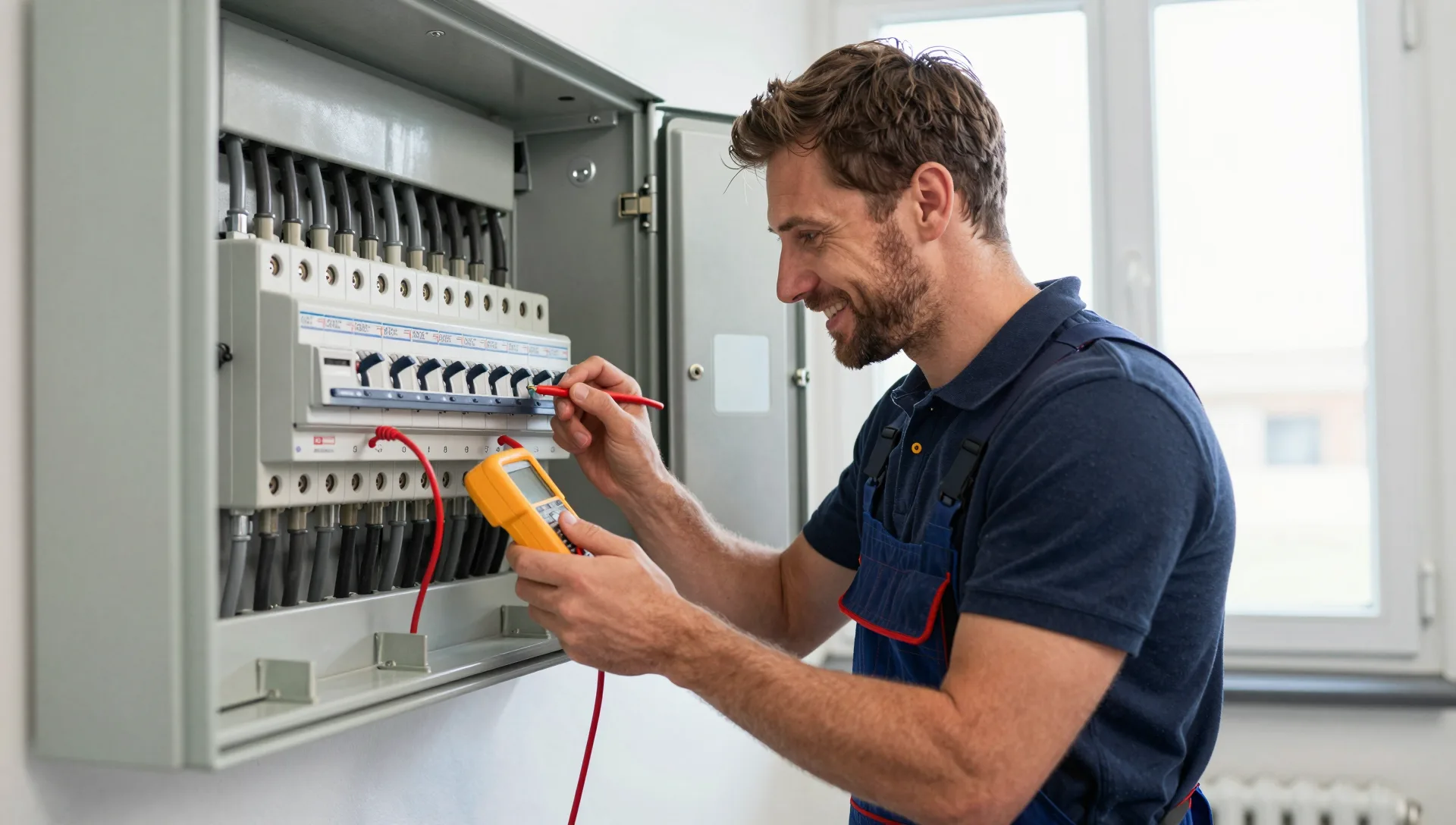 Elektrofachkraft misst mit dem Multimeter im Sicherungskasten