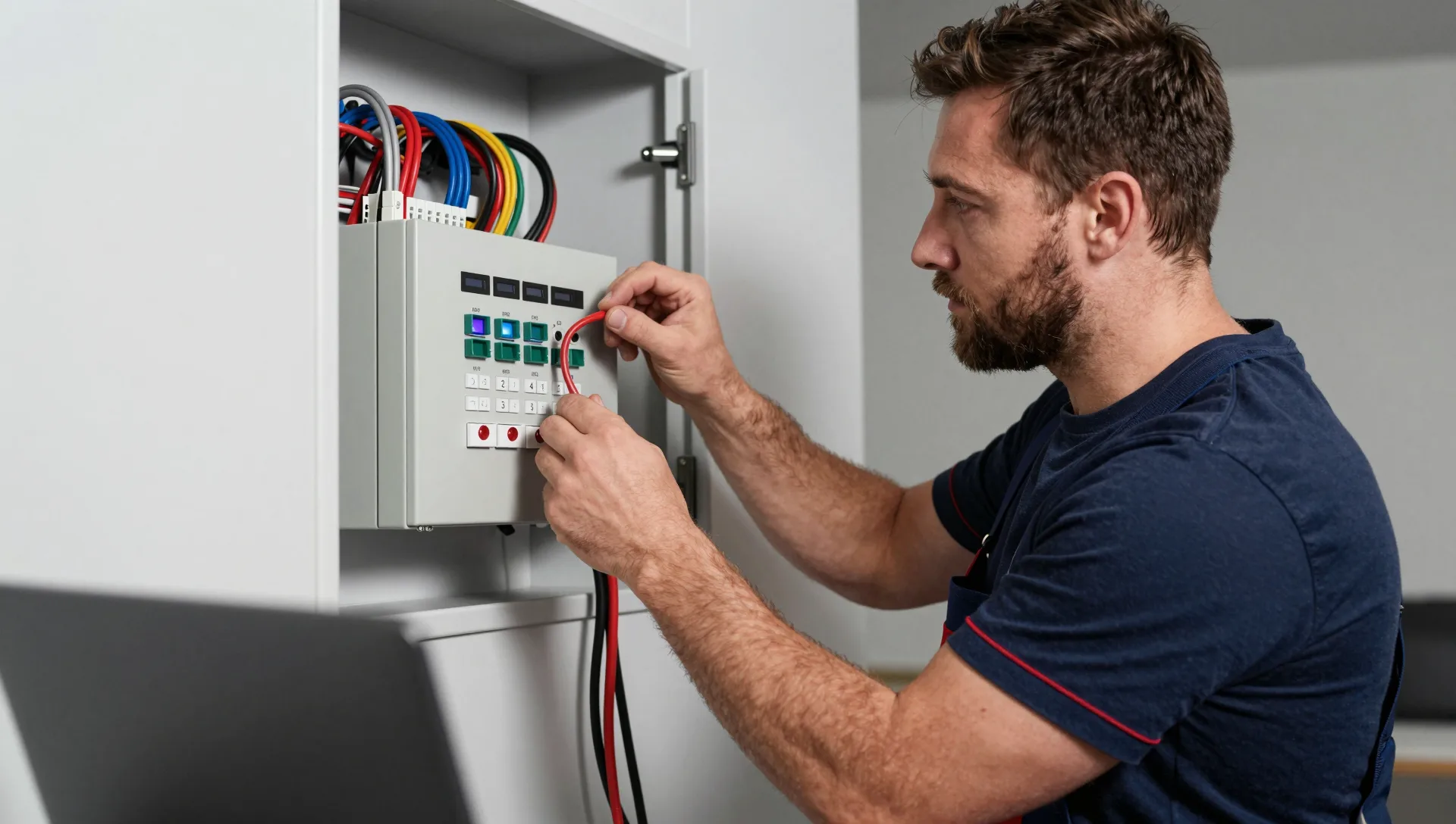 Elektrofachkraft programmiert die Smart-Home-Steuerung am Verteiler