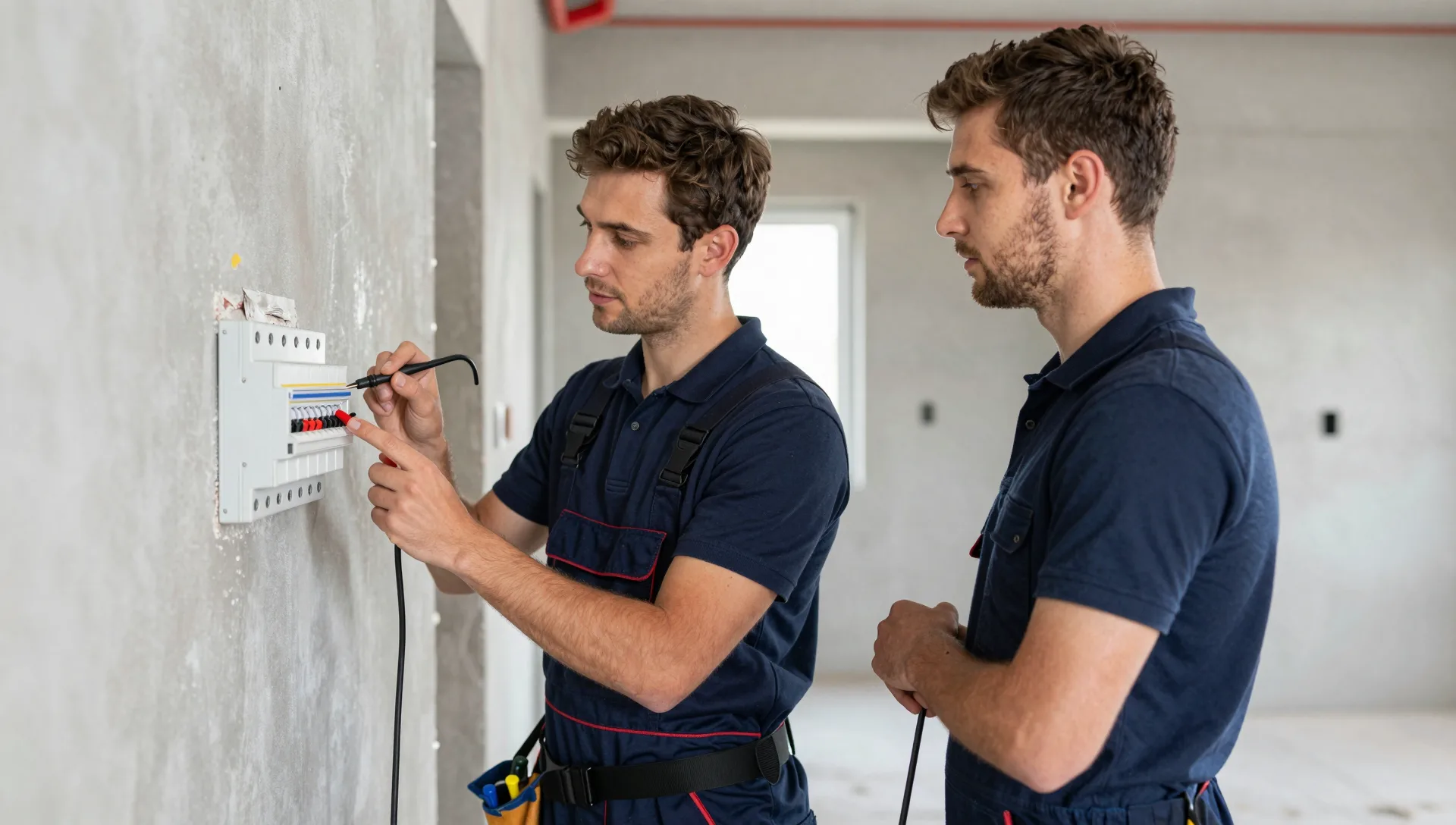 Elektrofachkraft prüft mit dem Spannungsprüfer die Sicherungen im Verteiler