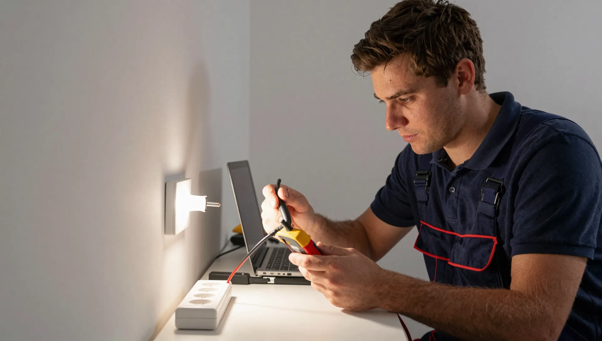 Elektrofachkraft prüft Steckdosen in einer Geschosswohnung