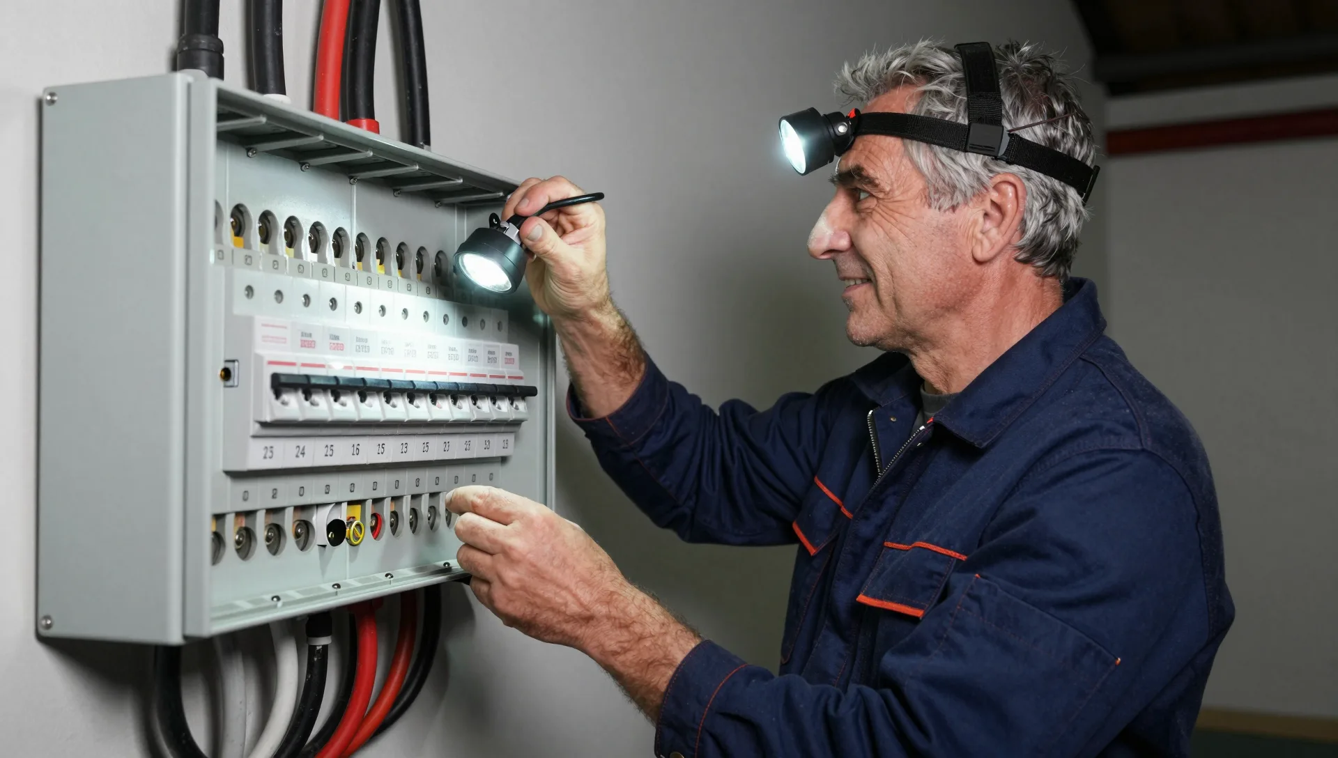 Elektrofachkraft bei der Fehlersuche nach einem Stromausfall