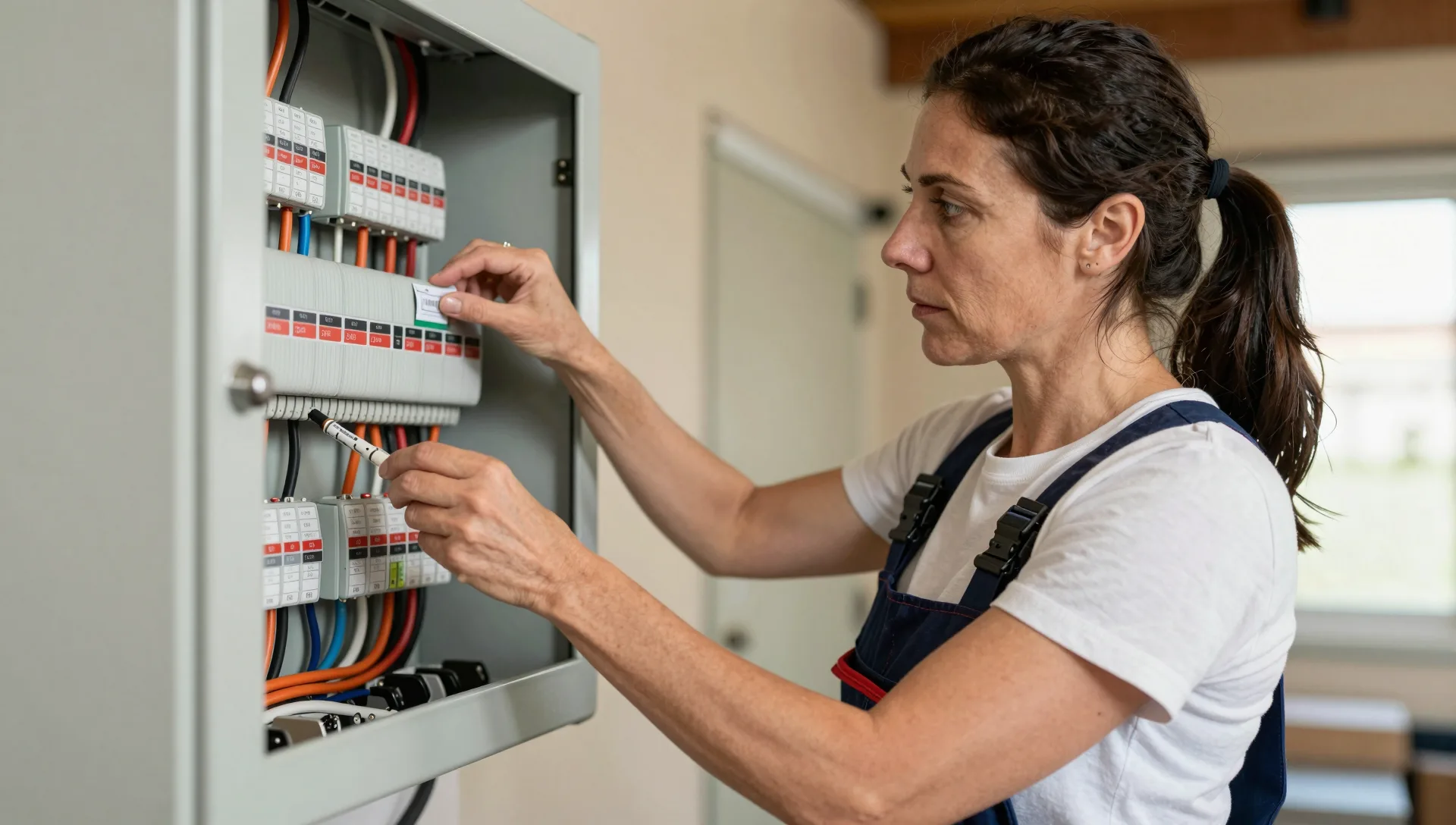 Elektrofachkraft beschriftet Stromkreise im Verteiler