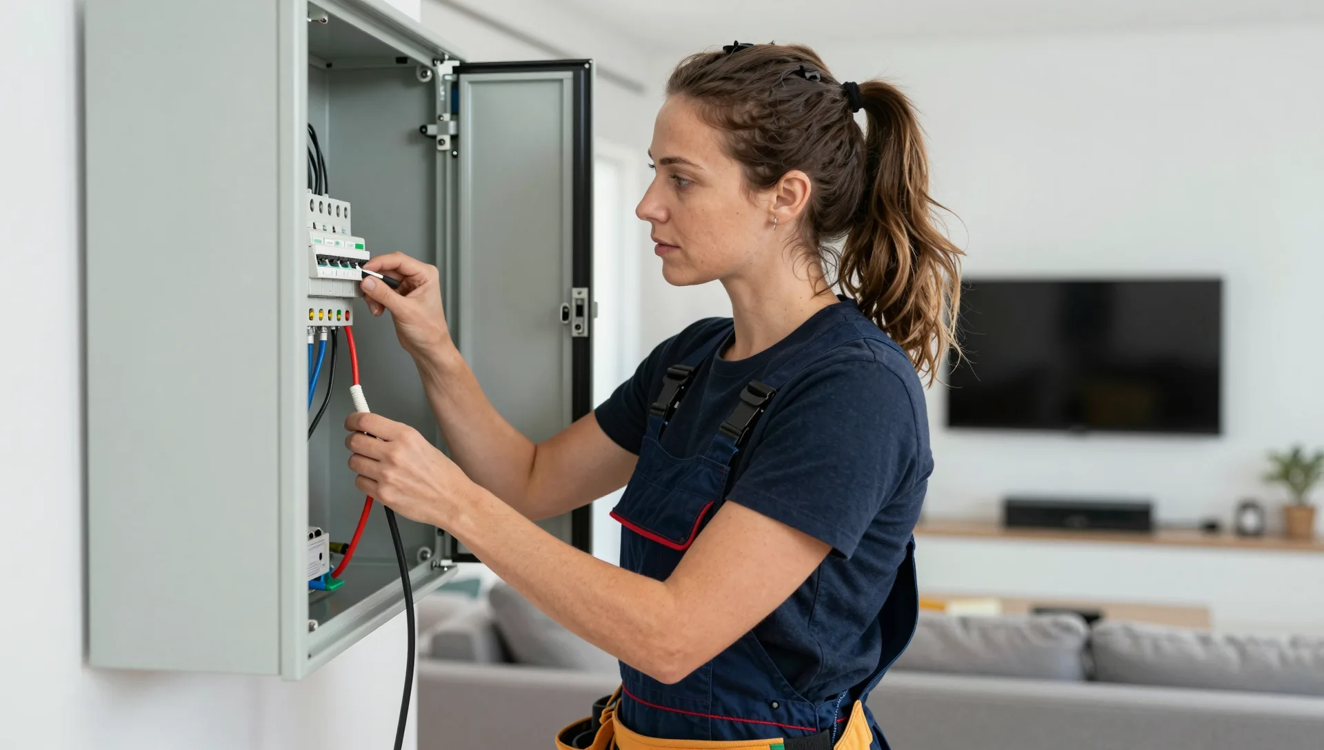 Elektrofachkraft verdrahtet einen Verteilerschrank in einem Gewerbehof